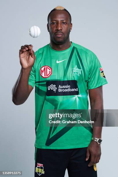 Andre Russell of the Stars poses during the Melbourne Stars Big Bash League headshots session at Junction Oval on December 14, 2021 in Melbourne,...