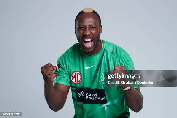 Andre Russell of the Stars poses during the Melbourne Stars Big Bash League headshots session at Junction Oval on December 14, 2021 in Melbourne,...