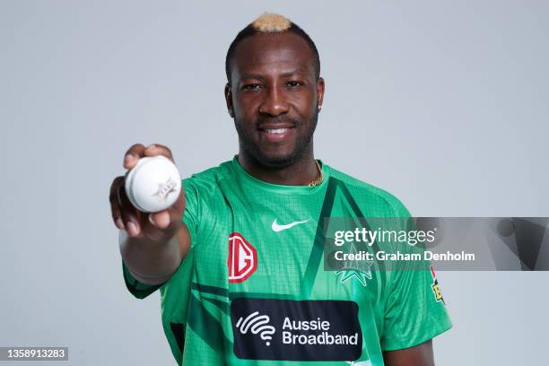 Andre Russell of the Stars poses during the Melbourne Stars Big Bash League headshots session at Junction Oval on December 14, 2021 in Melbourne,...