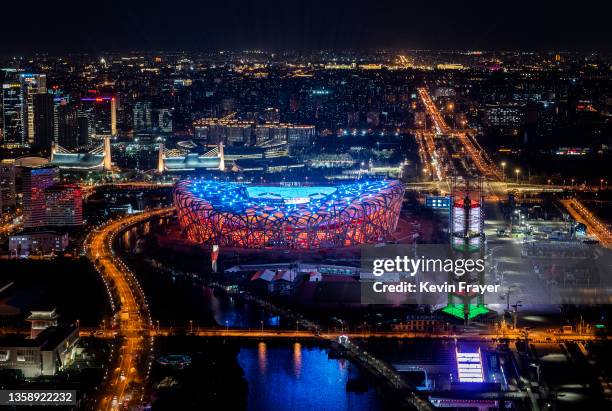 The National Stadium, also known as the Bird's Nest is seen from the top level of the Olympic Tower in the Olympic Green on December 11, 2021 in...