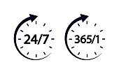 24/7 hour clock icon. 24/7 hrs and 365 day open, service and support. 24h call center for customer and help. Symbol of helpline, assistance and delivery. Round line sign. Vector