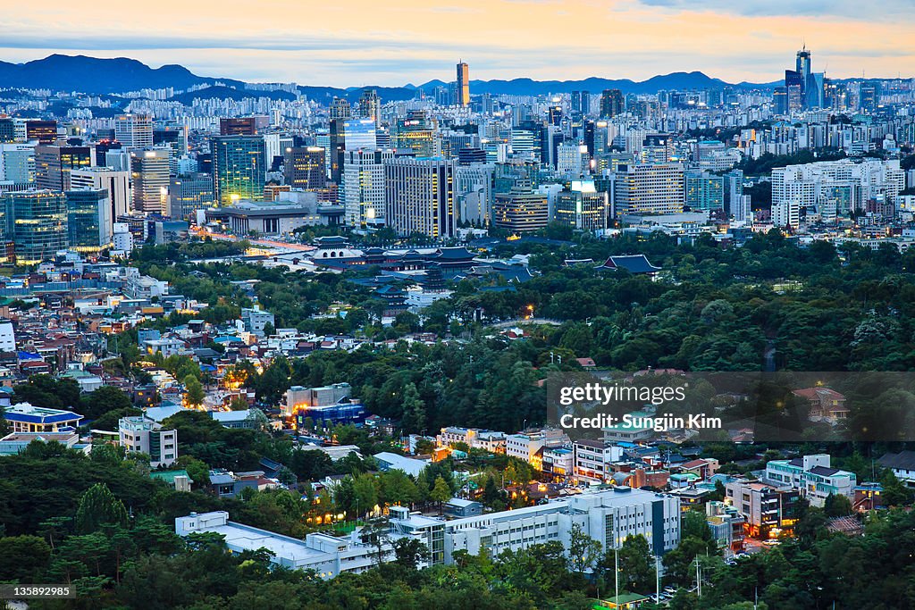 Cityscape viewed from above at dusk