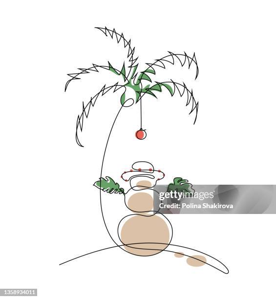durchgehende linienzeichnung eines lustigen weihnachtsschneemanns am strand. - schneemann stock-grafiken, -clipart, -cartoons und -symbole