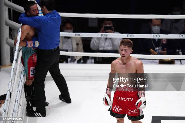 Naoya Inoue of Japan reacts after defeating Aran Dipaen of Thailand during the WBA Super Bantamweight and IBO Bantamweight title bout at Ryogoku...