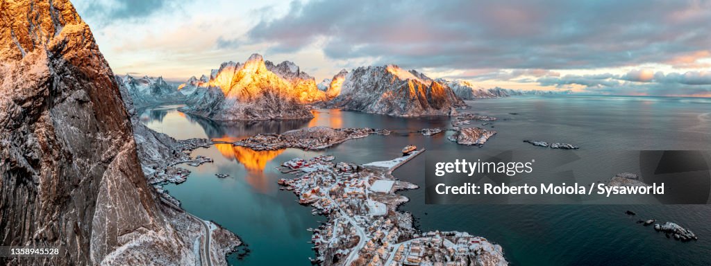 Aerial view of Reine covered with snow in winter, Norway