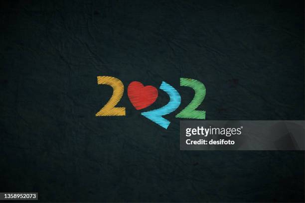 creative comic or fun horizontal vector backgrounds or poster or banner with text year 2022 in pastel colourful stroking pattern over scratched grunge textured black backdrop with a tilted 2 and one heart - 2022 a funny thing stock illustrations