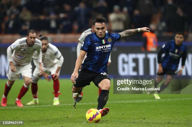 Lautaro Martinez of Internazionale fails to score from the penalty spot during the Serie A match between FC Internazionale and Cagliari Calcio at...