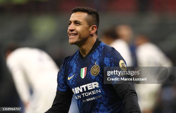 Alexis Sanchez of FC Internazionale celebrates his goal during the Serie A match between FC Internazionale and Cagliari Calcio at Stadio Giuseppe...