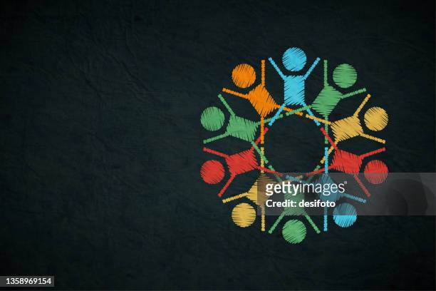 ilustrações de stock, clip art, desenhos animados e ícones de a dark black coloured horizontal vector backgrounds with several many abstract characters or symbolic persons happy group of people,  friends in vibrant multi coloured bright yellow, blue, red, and green colour scribbled like chalk in a circle - round table