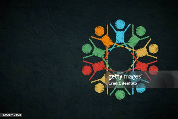 a dark black coloured horizontal vector backgrounds with several many abstract characters or symbolic persons happy group of people, friends in vibrant multi coloured bright yellow, blue, red, and green colour scribbled like chalk in a circle - round table discussion stock illustrations