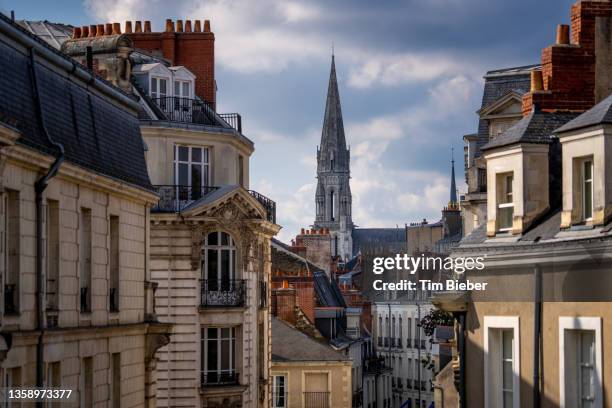 the skyline of nantes dominated by the bell tower of the basilica of saint nicholas - nantes fotografías e imágenes de stock