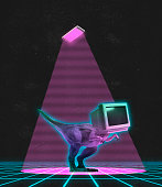 Contemporary art collage of retro dinosaur with old computer screet isoated over dark neon background