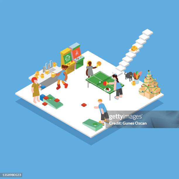 isometric house party - office party - holiday celebrations - vector art - animals isometric stock illustrations