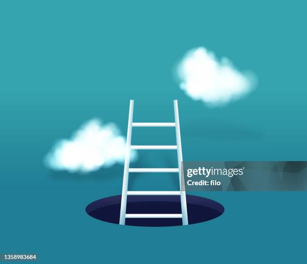 ladder escape clouds overcoming challenge concept - exit strategy stock illustrations