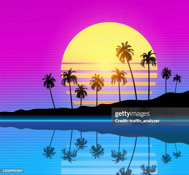 synthwave retro background - palm trees - sun flare trees stock illustrations