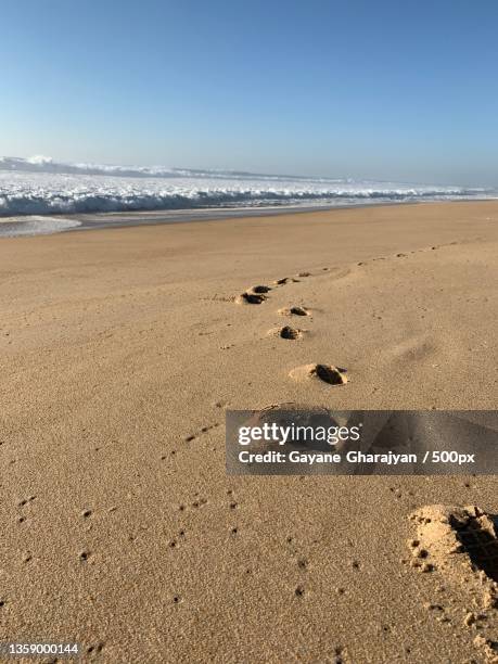 sandy traces,scenic view of beach against clear sky,nazare,portugal - gayane stock pictures, royalty-free photos & images