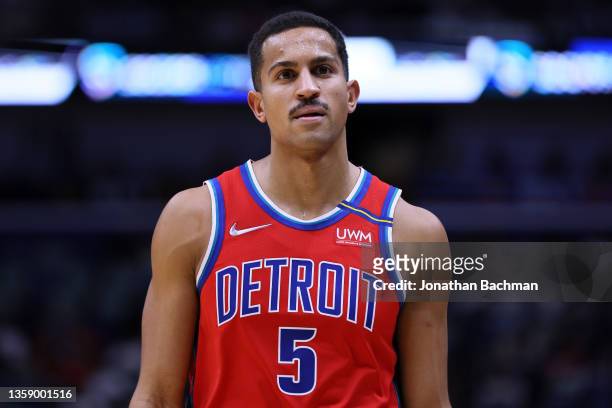 Frank Jackson of the Detroit Pistons reacts against the New Orleans Pelicans during a game at the Smoothie King Center on December 10, 2021 in New...