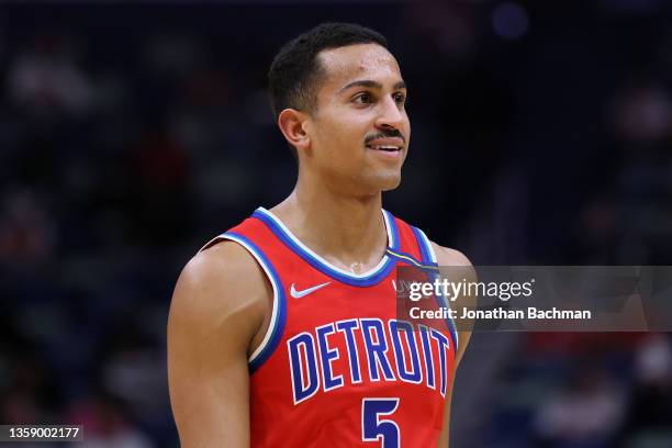 Frank Jackson of the Detroit Pistons reacts against the New Orleans Pelicans during a game at the Smoothie King Center on December 10, 2021 in New...