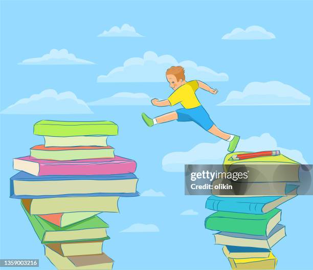 boy jumping through the books - reading book for kids background stock illustrations