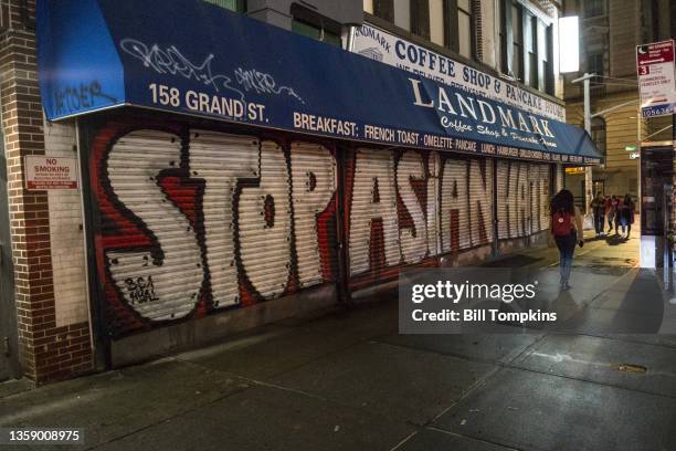 December 2019: MANDATORY CREDIT Bill Tompkins/Getty Images Grafitti that reads 'END ASIAN HATE'. December 2019 in New York City.