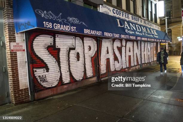 December 2019: MANDATORY CREDIT Bill Tompkins/Getty Images Grafitti that reads 'END ASIAN HATE'. December 2019 in New York City.