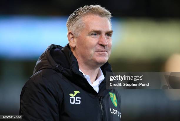 Dean Smith, Manager of Norwich City looks on prior to the Premier League match between Norwich City and Aston Villa at Carrow Road on December 14,...