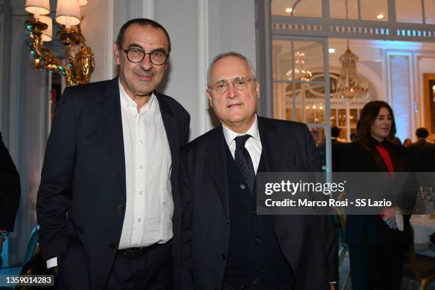 Lazio head coach Maruzio Sarri and SS Lazio President Claudio Lotito poses during the SS Lazio xmas dinner at the Grand hotel in Rome on December 14,...