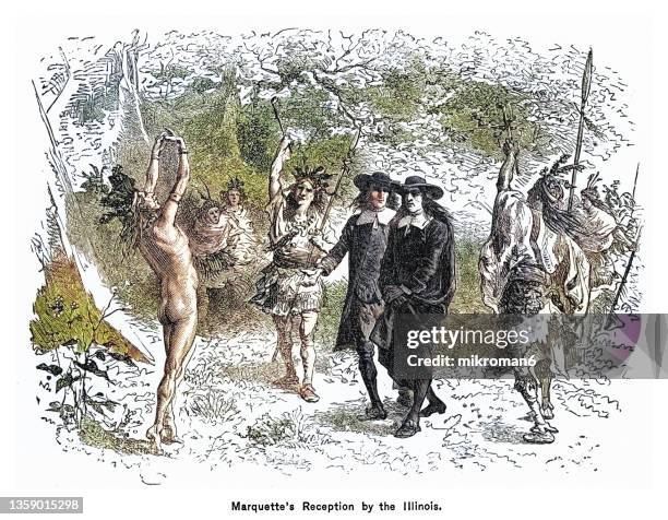 old engraved illustration of reception of jacques marquette who was a french jesuit missionary and louis jolliet who was a french canadian explorer by illinois - native americans 1800s 個照片及圖片檔