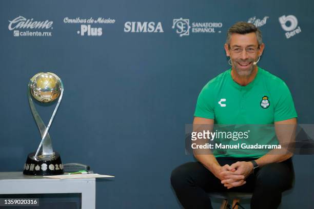Pedro Caixinha newly appointed coach of Santos Laguna smiles during his unveiling at Corona Stadium on December 14, 2021 in Torreon, Mexico. Caixinha...