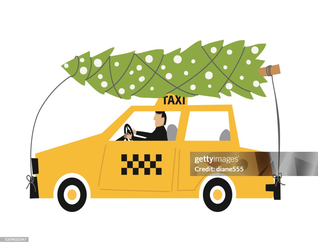 Cute Taxi Cab With A Christmas Tree On The Roof On A Transparent Base