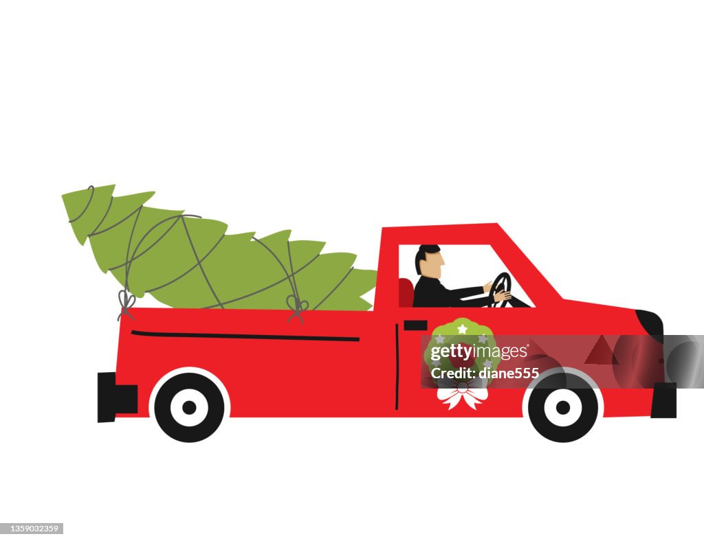 Cute Car With A Christmas Tree On The Roof On A Transparent Base