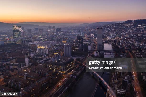 aerial sunset over the zurich industrial hardbrucke district - zurich skyline stock-fotos und bilder