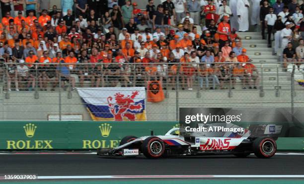 Mick Schumacher Haas F1 Team, VF-21, F065 engine during the Grand Prix Formula One of Abu Dhabi at Yas Marina Circuit on December 12, 2021 in Abu...