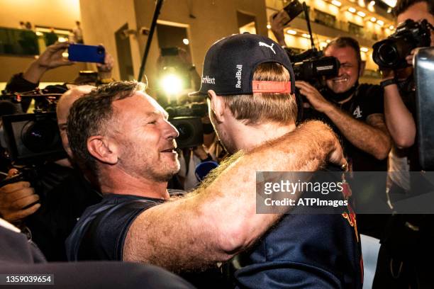 Celebration in the Paddock with Max Verstappen after winning the F1 World Championship Title , Christian Horner, Team Red Bull Racing Principal...