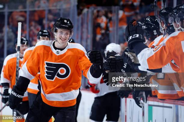 Travis Sanheim of the Philadelphia Flyers celebrates after scoring during the first period against the New Jersey Devils at Wells Fargo Center on...
