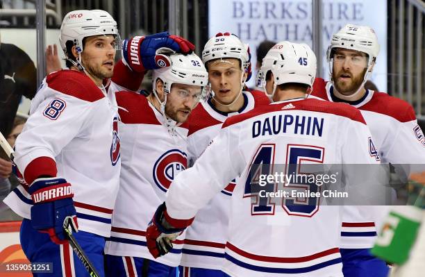 Jonathan Drouin of the Montreal Canadiens celebrates with teammates after his goal during the second period of a game against the Pittsburgh Penguins...