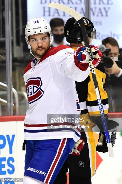 Jonathan Drouin of the Montreal Canadiens celebrates his goal during the second period of a game against the Pittsburgh Penguins at PPG PAINTS Arena...