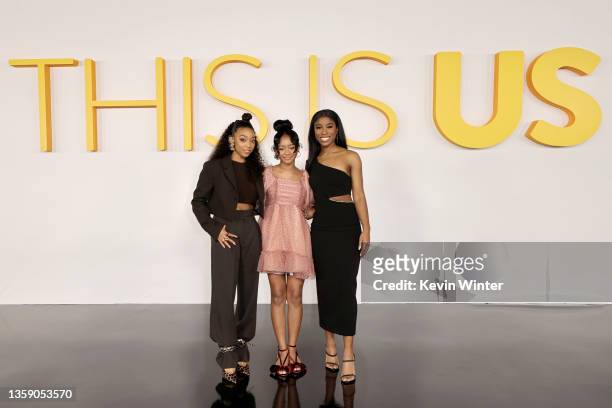 Eris Baker, Faithe Herman and Lyric Ross attend NBC's "This Is Us" Season 6 red carpet at Paramount Pictures Studios on December 14, 2021 in Los...