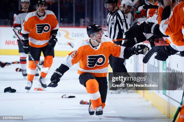 Cam Atkinson of the Philadelphia Flyers celebrates after scoring his third goal of the game for the hat trick during the third period against the New...