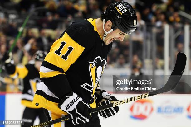 Brian Boyle of the Pittsburgh Penguins celebrates his goal during the third period of a game against the Montreal Canadiens at PPG PAINTS Arena on...