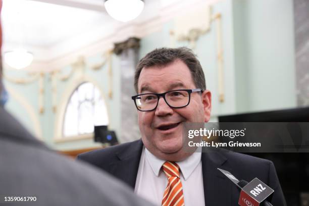 New Zealand Finance Minister Grant Robertson talks to press gallery reporters after being accused by the Opposition of being "addicted to spending"...