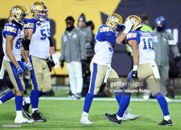 Nic Demski of the Winnipeg Blue Bombers celebrates a touchdown during the 108th Grey Cup CFL Championship Game against the Hamilton Tiger-Cats at Tim...