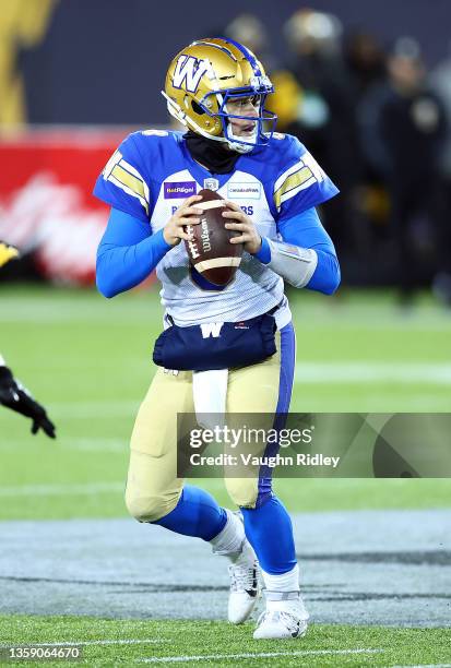 Zach Collaros of the Winnipeg Blue Bombers throws the ball during the 108th Grey Cup CFL Championship Game against the Hamilton Tiger-Cats at Tim...