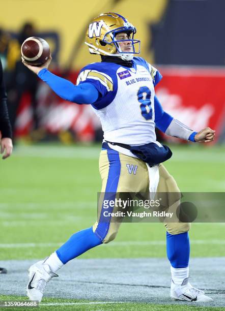 Zach Collaros of the Winnipeg Blue Bombers throws the ball during the 108th Grey Cup CFL Championship Game against the Hamilton Tiger-Cats at Tim...