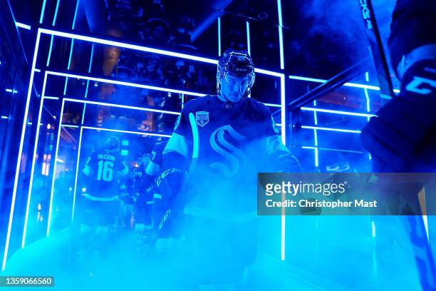 Vince Dunn of the Seattle Kraken walks out to the ice before the start of the second period of a game between the Columbus Blue Jackets and the...