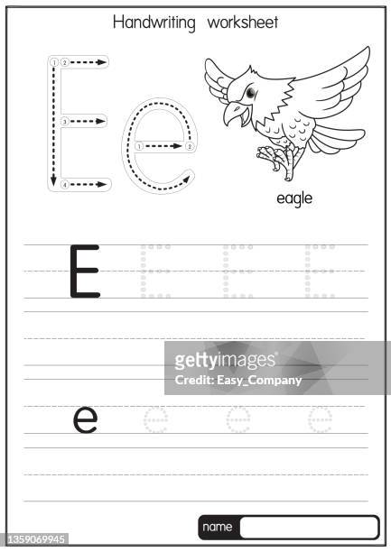 black and white vector illustration of eagle with alphabet letter e upper case or capital letter for children learning practice abc - word of mouth stock illustrations