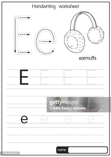 black and white vector illustration of earmuffs with alphabet letter e upper case or capital letter for children learning practice abc - fur hat stock illustrations