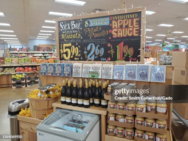 Hanukkah section with latkes, gelt, and other items for the Jewish holiday of Hanukkah at Trader Joe's supermarket in Lafayette, California, December...