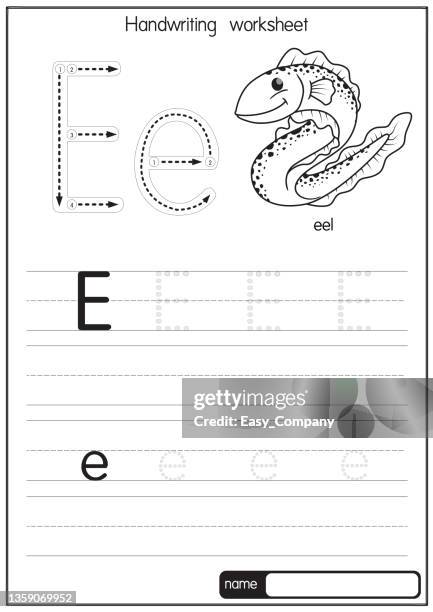 vector illustration of eel with alphabet letter e upper case or capital letter for children learning practice abc - breaded fish stock illustrations