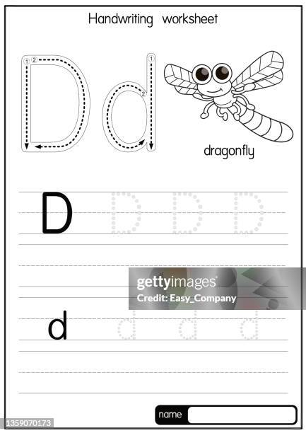 stockillustraties, clipart, cartoons en iconen met black and white vector illustration of dragonfly with alphabet letter d upper case or capital letter for children learning practice abc - animal black backround isolated